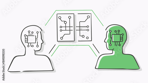 Two stylized heads with circuit boards communicating through a central circuit diagram connection