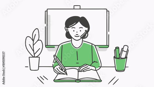Woman with headset writing in a book at a desk with plant and whiteboard in a simple illustration