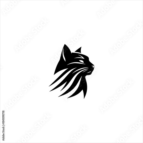 Cat head silhouette displayed as a simple black vector emblem design. Animal icon concept
