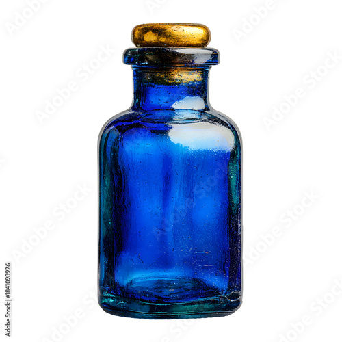 Elegant Blue Glass Bottle Closed on White Background