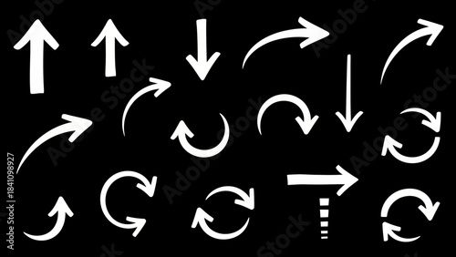 Collection of white handdrawn style arrows on a solid black background