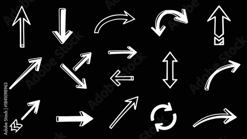 A grid of nineteen white handdrawn style arrows on a solid black background