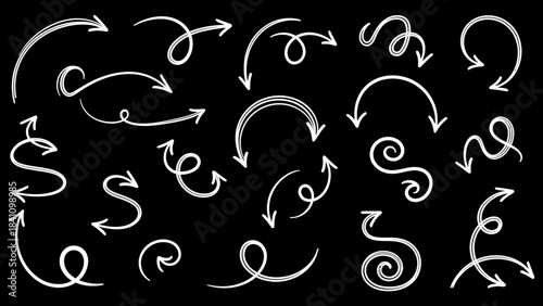 White handdrawn scribbled arrows pointing in various directions on a black background