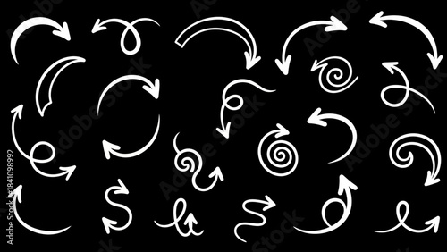 Collection of white handdrawn style arrows on a solid black background