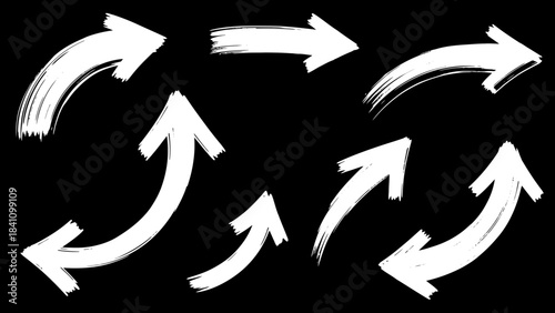 White brushstroke arrows arranged in two circular clockwise patterns on a black background