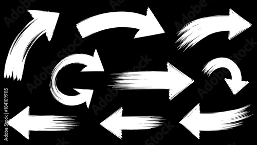 Nine white grungestyle arrows pointing various directions on a black background