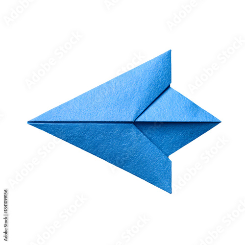 Blue Origami Arrow Pointing Left Isolated on White Background