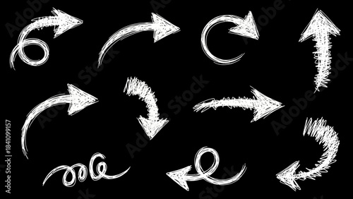 Collection of 11 white handdrawn scribblestyle arrows on a black background