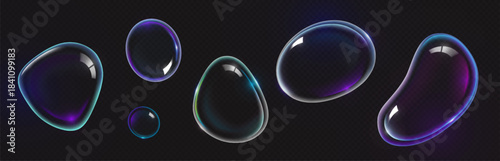 3D soap bubbles set isolated on transparent background. Vector realistic illustration of abstract water spheres floating in air, light reflection on glossy iridescent surface, washing detergent foam