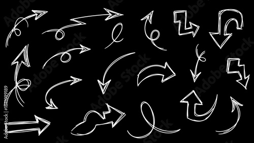A collection of white handdrawn sketchy arrows on a black background