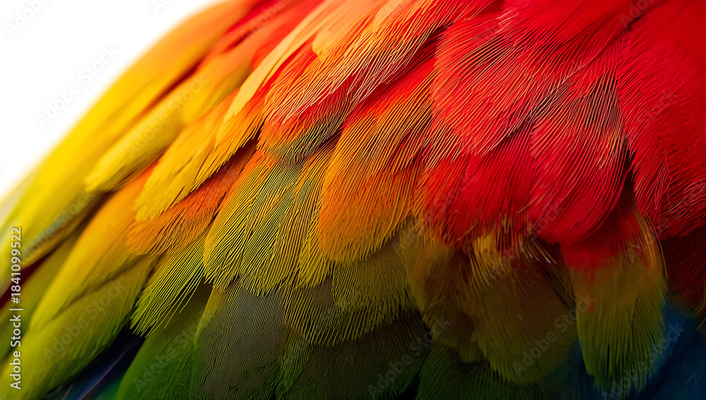 Obraz premium vibrant colorful tropical parrot feather closeup with rich rainbow tones and fine natural texture, detailed macro feather pattern ideal for nature backgrounds, artistic design, wildlife, and creative 