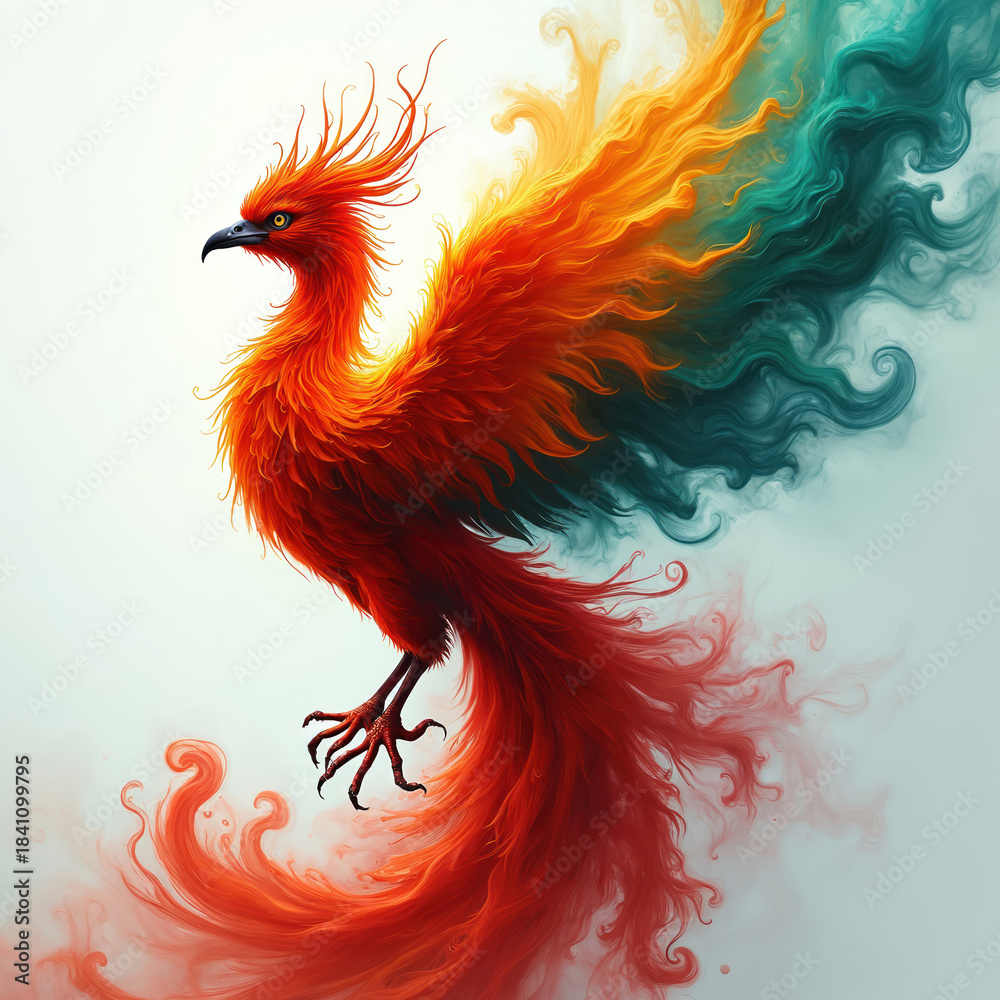 Obraz premium Stylized mythical phoenix bird emerges from smoke in vibrant red, orange hues. Wings transform into swirling green, teal smoke, rebirth, transformation. Powerful avian silhouette against clean