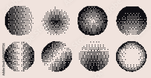 Round halftone gradient shapes set isolated on background. Vector illustration of abstract circles with black dot texture, grainy dither effect, 8-bit arcade game planet design, grunge poster element