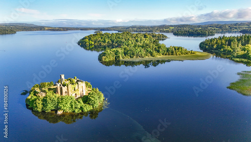 Bild auf Leinwand Aerial drone view of McDermotts Castle on small island in Lough Key lake, county