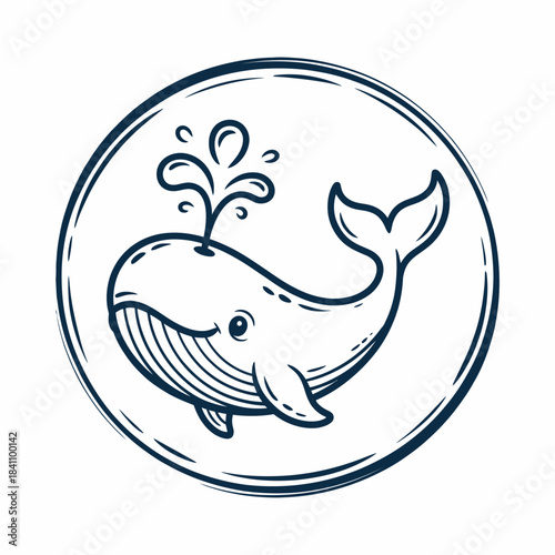 Cheerful Cartoon Whale Spouting Water in a Hand-Drawn Circular Frame. Cute Ocean Animal Icon Illustration
