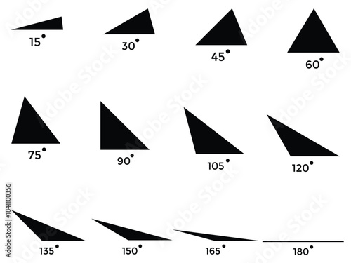 Angle Degree Icons Set – 15° to 180° Geometry Measurement Symbols for Math, Trigonometry & Technical Design