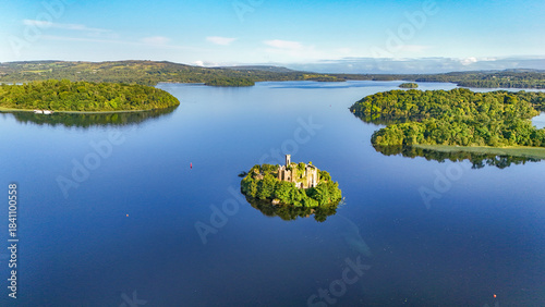 Aerial drone view of McDermotts Castle on small island in Lough Key lake, county Leitrim, Ireland