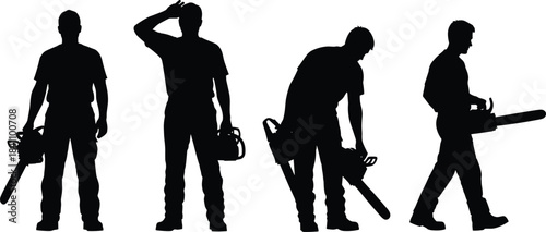 Chainsaw operator silhouettes in various poses, showcasing safety awareness, posture diversity, and tool handling for forestry, logging, and industrial use