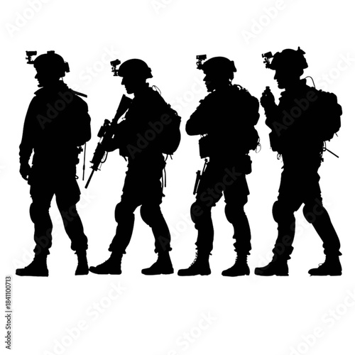 Silhouette of four soldiers in tactical gear with weapons walking in formation