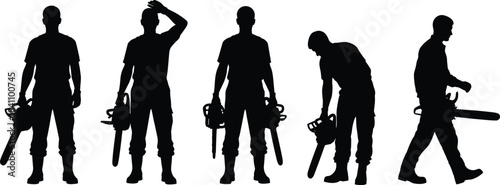Chainsaw worker silhouettes in varied poses, illustrating manual labor, safety awareness, and tool handling for forestry, logging, and industrial applications