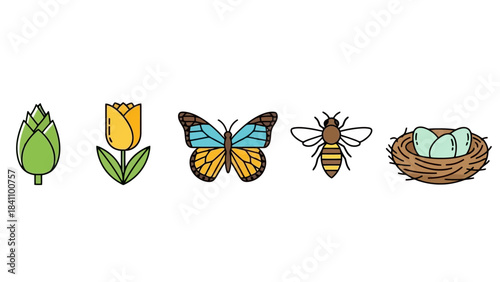 Springtime Icons: Artichoke, Tulip, Butterfly, Bee, and Bird Nest with Eggs