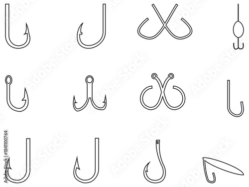 Fishing Hook Icon Set – Minimalist Single and Double Hook Silhouettes for Nautical and Outdoor Designs