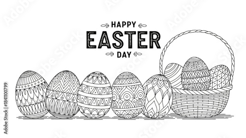 Happy Easter Day Vector Illustration with Decorative Eggs and Basket