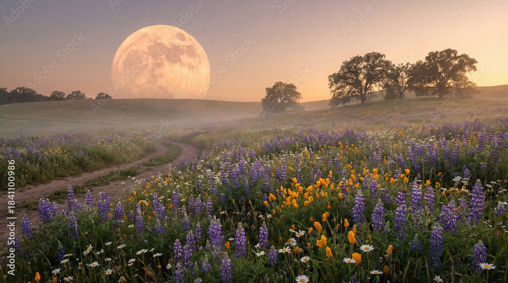 Obraz premium A dreamy landscape unveils a wildflower meadow bathed in twilight, with a giant moon rising and casting a gentle glow over a tranquil California countryside.