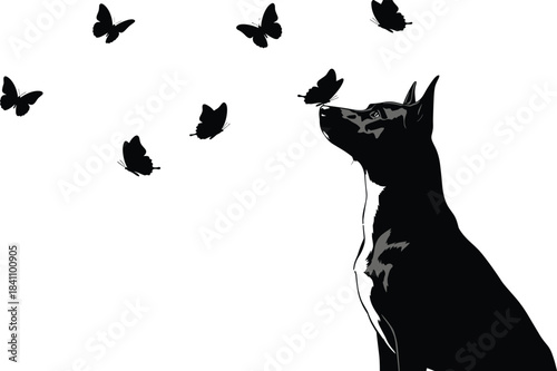 Silhouette of dog sitting and looking at butterflies, ideal for nature, pet love, curiosity, serenity, and animal interaction themes