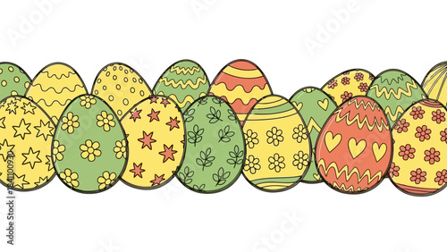 Seamless Border of Hand-Drawn Easter Eggs with Spring Patterns and Colors