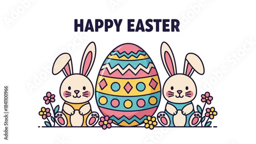 Happy Easter celebration with cute bunnies, colorful egg and flowers, vector art