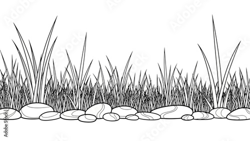 Simple Outline Illustration of Grass and Stones on a White Background