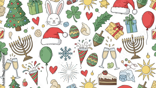 Seamless Pattern of Diverse Holiday and Celebration Icons and Symbols, Festive Doodle Art