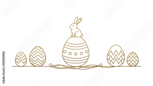 Golden Outline Easter Bunny Sitting on Decorated Egg with Eggs on White