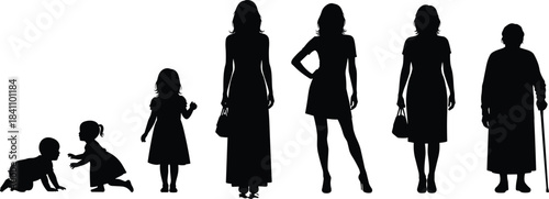 Female Life Stages Silhouette from Baby to Elderly Woman Showing Human Growth, Aging Process, Development, and Generational Transformation