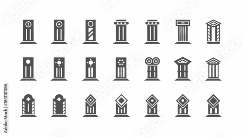 Illustration set featuring various architectural column designs with different styles and decorations shown