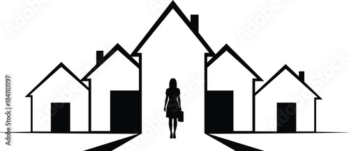 Silhouette of person with briefcase in front of central house, representing real estate, home ownership, and residential property investment themes