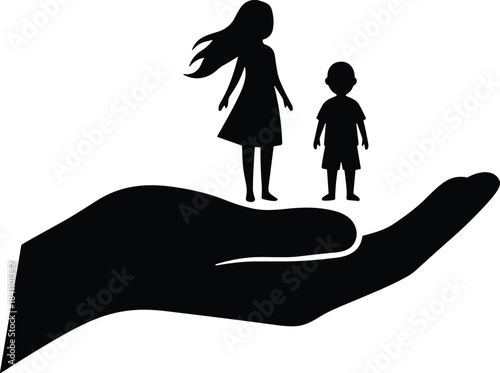 Silhouette of protective hand holding children figures, ideal for care, safety, parenting, guardianship, social support, and family themes