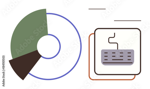 Pie chart segments and a computer keyboard highlighting analysis, digital tools, and productivity. Ideal for data, analytics, workflow, technology, education automation business. Simple flat