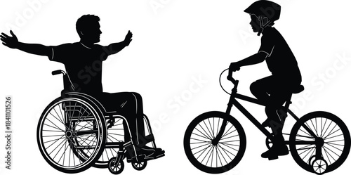 Silhouette of wheelchair user interacting with child on bicycle, symbolizing inclusion, mobility, and accessible outdoor activity in community settings