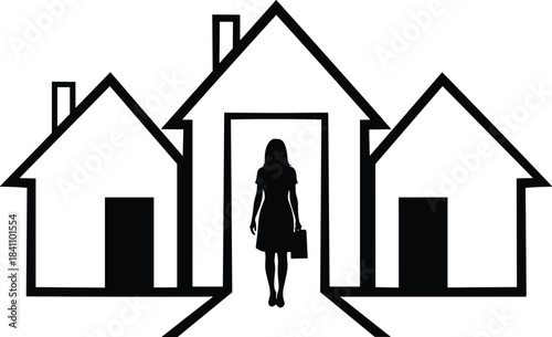Silhouette of a professional entering house, symbolizing real estate, property management, home ownership, and residential architecture in urban settings