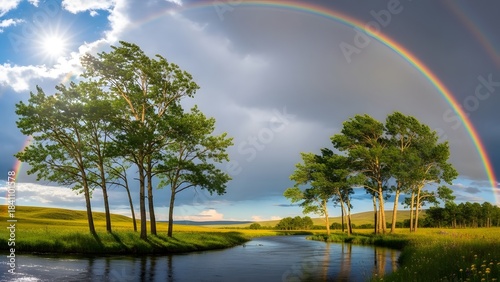 Fototapeta Naklejka Na Ścianę i Meble -  Vibrant rainbow arching over a tranquil river flowing through a lush green meadow
