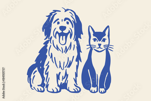 Dog and cat naive sketch vector illustration