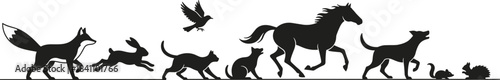 Silhouettes of various animals in motion including dog, cat, horse, bird, rabbit, fox, squirrel, mouse, and hedgehog for design themes