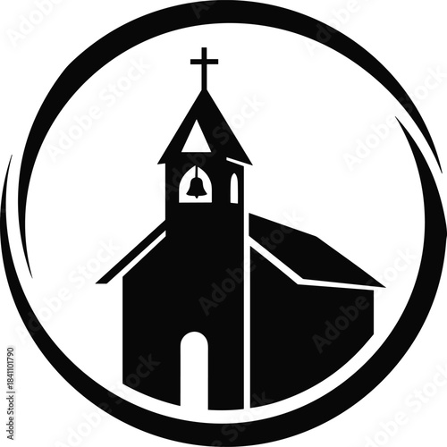 Stylized church silhouette with steeple and bell inside circular brushstroke frame, ideal for religion, faith, tradition, and logo design