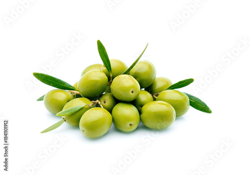 green olives with green leaves isolated on white background.