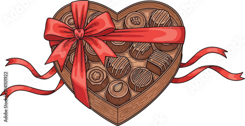 Heart shaped box of assorted chocolates tied with a bright red ribbon perfect for valentines day celebration
