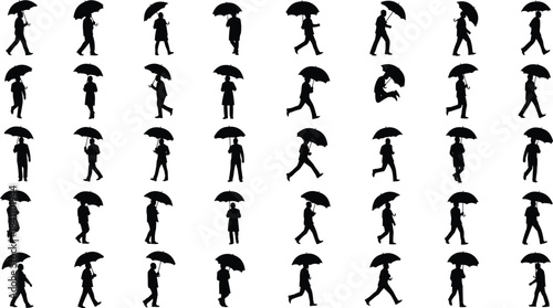 Umbrella walking silhouette grid showing diverse postures, rainy day movement, and human behavior for animation, design, and motion studies