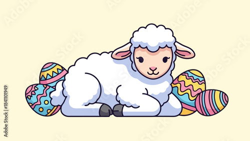 Cute Easter Lamb Lying Down with Colorful Decorated Eggs, Vector Illustration
