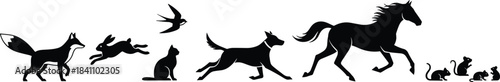 Silhouettes of diverse animals in motion including dog, cat, horse, bird, rabbit, fox, and rodents for wildlife design themes